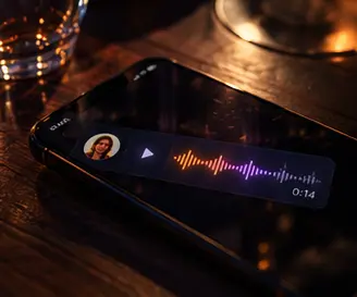 Ein Smartphone mit einer Sprachnachricht auf einem dunklen Holztisch.