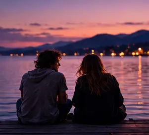 Zwei Freunde sitzen am See und schauen in den Abendhimmel.