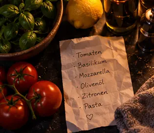 Zutaten zum Kochen und ein handgeschriebener Einkaufszettel.